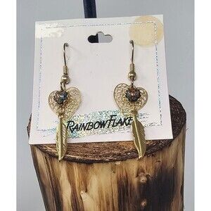 Vtg Dreamcatcher Heart 14k Gold Plated W Turquoise Rainbow Flake Dangle Earrings